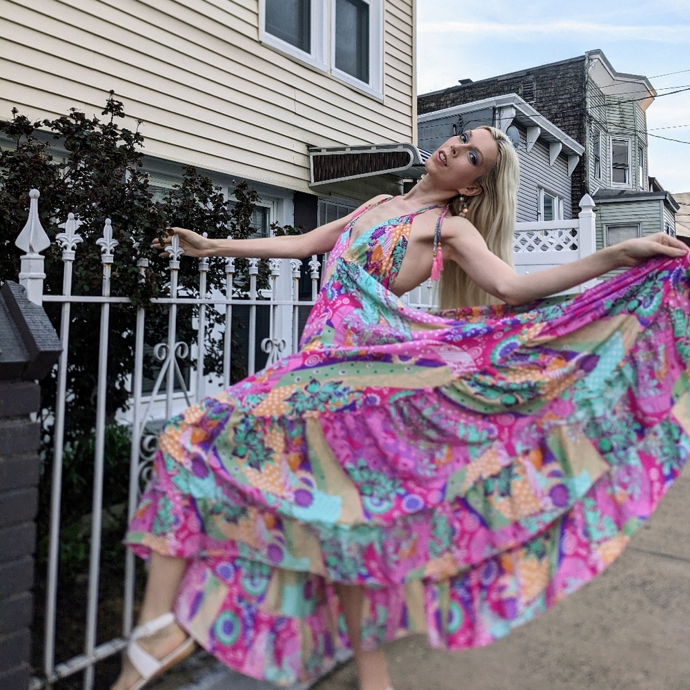 Colorful Boho Maxi Dress M Recycled Silk Festival Maxi